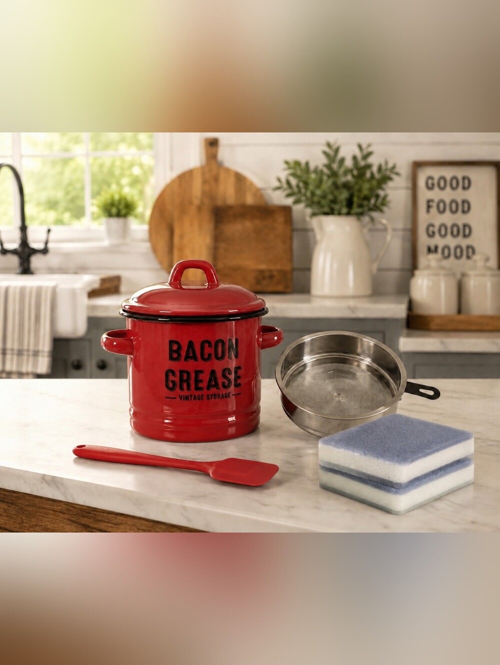 Bacon Grease Storage Container Set Red Enamel Canister w/ Strainer Lid Spatula